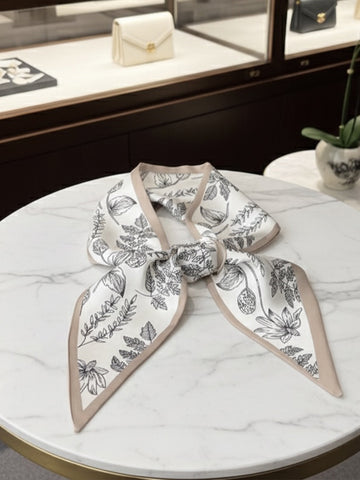 Foulard en Satin Style "Twilly" – Imprimé Botanique Élégant pour Cou et Sac à Main
