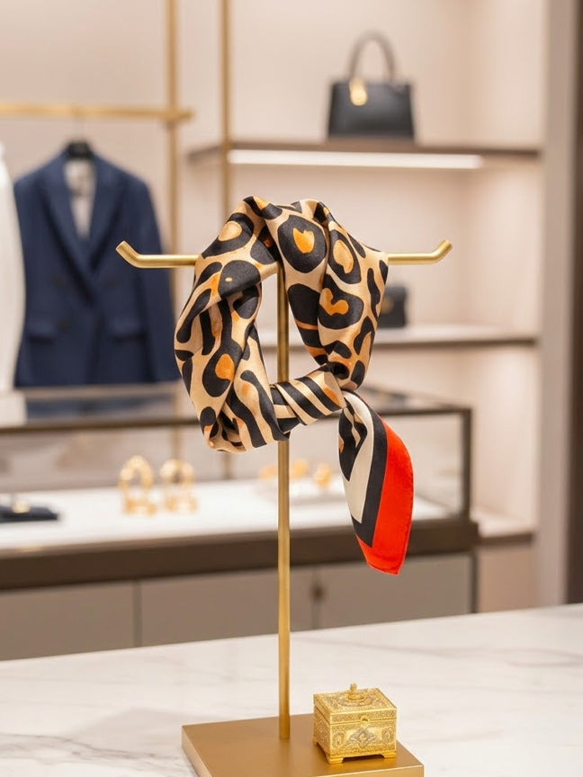 Carré de Satin "Majestic Leopard" – Ambre & Rouge Solaire (70x70 cm)